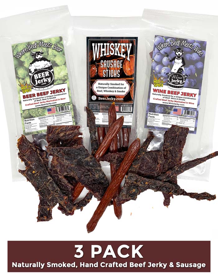 3Pack Beer and Wine Jerky Whiskey Sausage Sticks