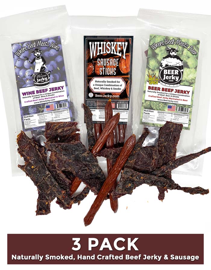 3Pack Beer and Wine Jerky Whiskey Sausage Sticks