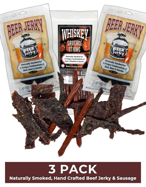 3-Pack: Beer Jerky (x2), Whiskey Sausage Sticks