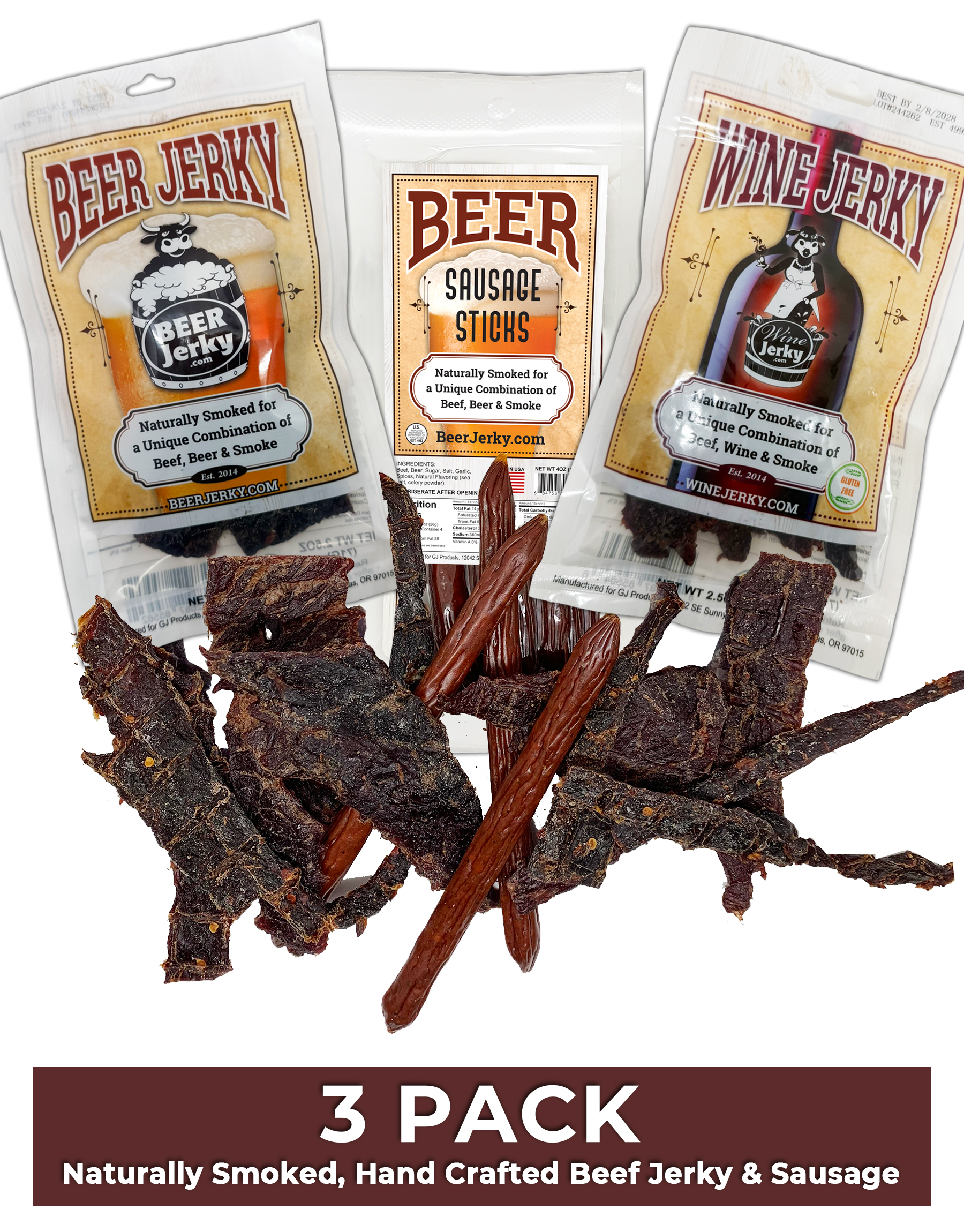 3-Pack: Beer Jerky, Wine Jerky, Beer Sausage Sticks