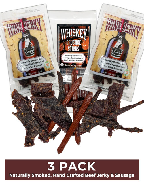 3-Pack: Wine Jerky (x2), Whiskey Sausage Sticks