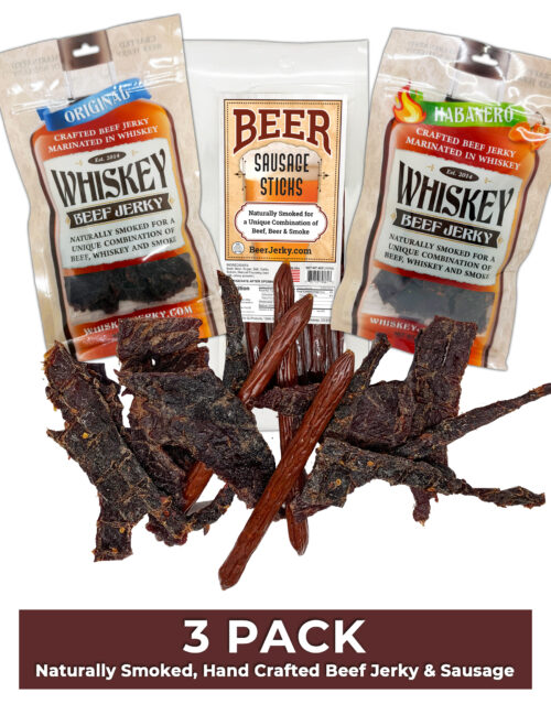 3-Pack: Whiskey Original Jerky, Whiskey Habanero Jerky, Beer Sausage Sticks